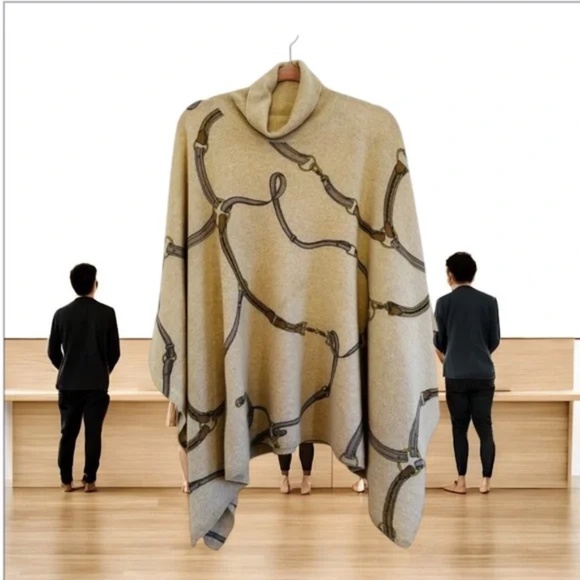 J. McLaughlin Beige Equestrian Chain Print Cashmere Turtleneck Poncho Sweater - Picture 4 of 8